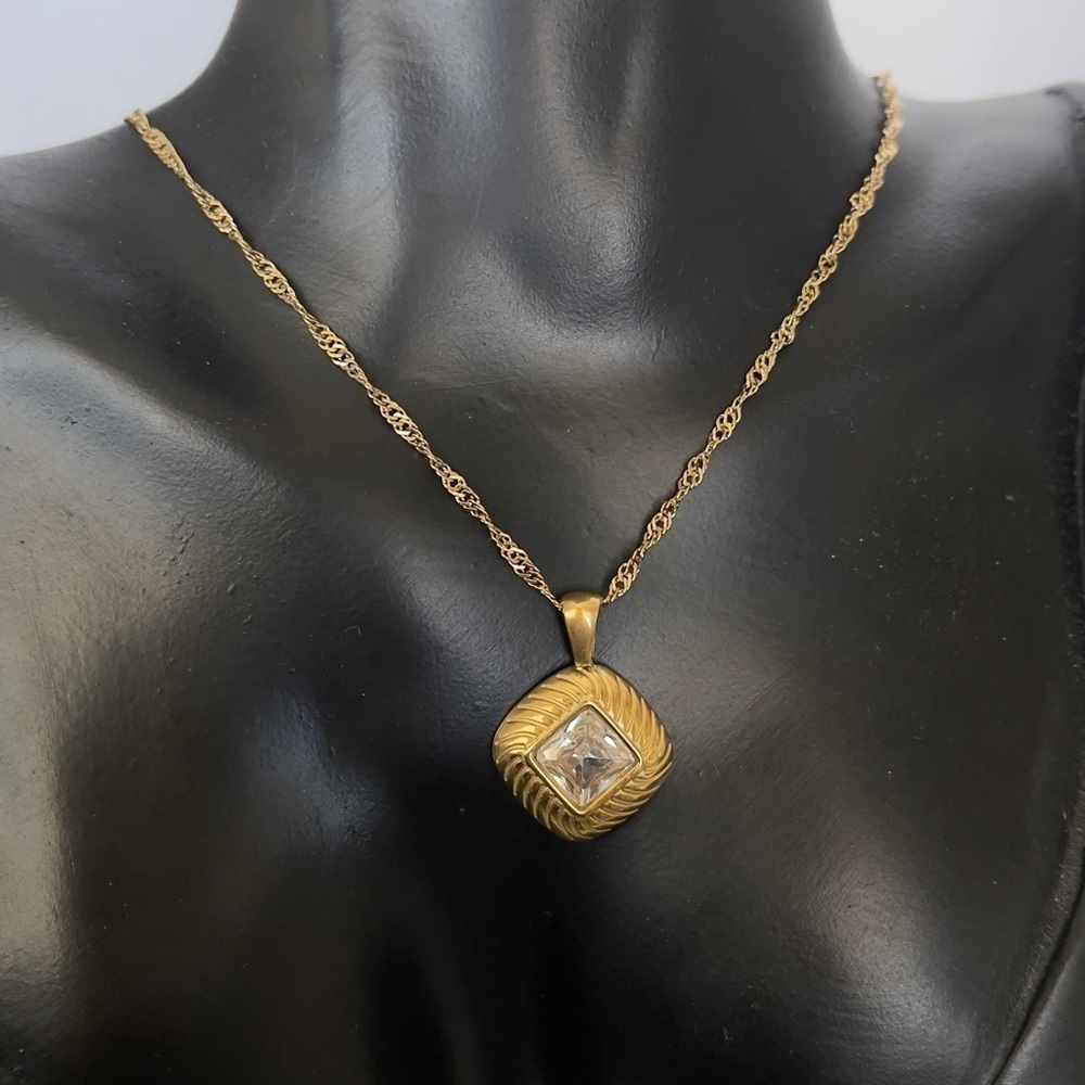 Stainless steel gold tone cz diamond shaped necklace